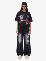 French Terry Distressed Gradient Drawstring Wide Leg Pants 