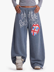 Lip Flag Graphic Distressed Washed Baggy Barrel Sweatpants