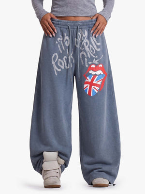 Lip Flag Graphic Distressed Washed Baggy Barrel Sweatpants
