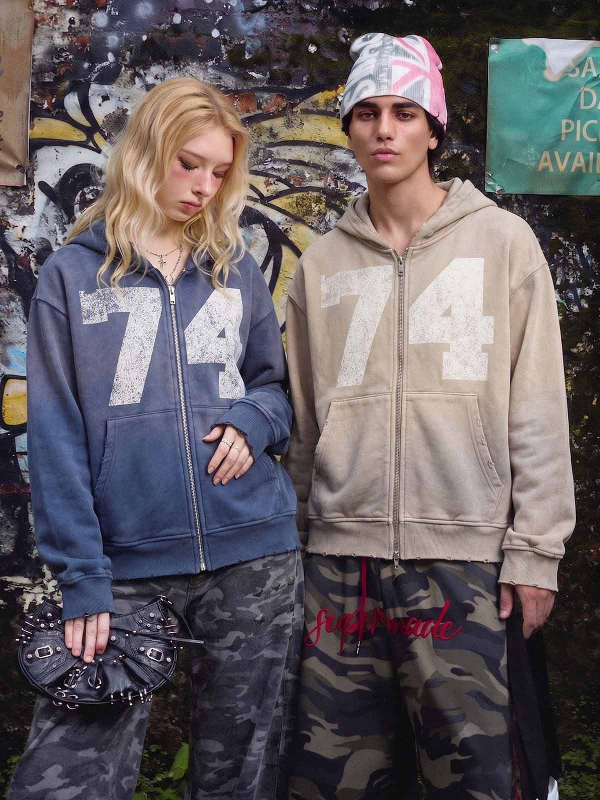 Washed Ombré Number Graphic Zip Hoodie