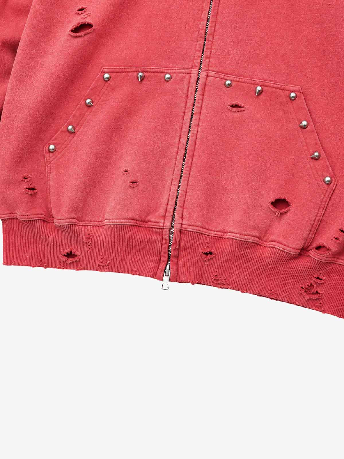 Studded Distressed Zip Hoodie