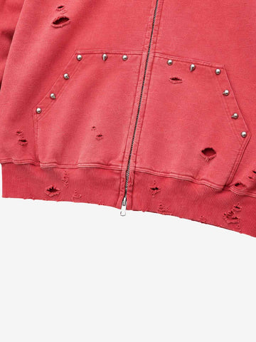 Studded Distressed Zip Hoodie