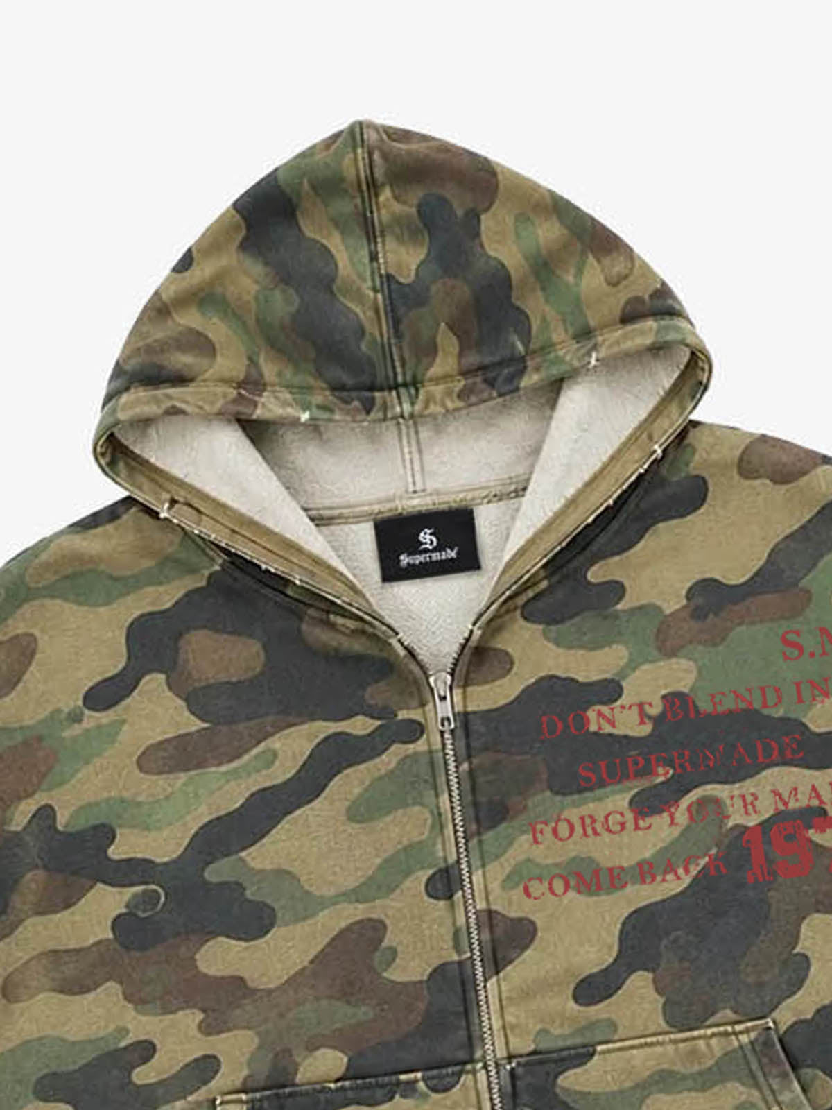 Camo Letter Graphic Distressed Zip-Up Hoodie