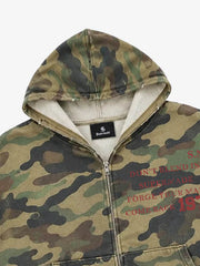 Camo Letter Graphic Distressed Zip-Up Hoodie