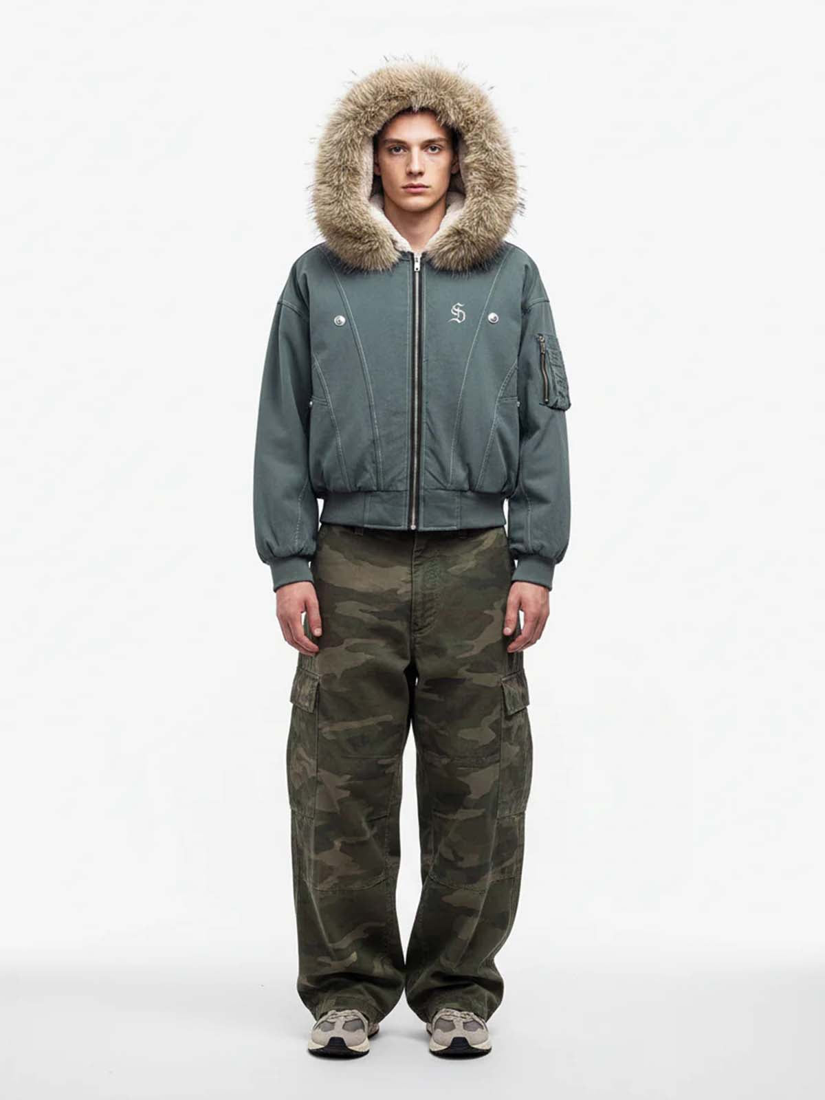 Faux Fur Lined Zip Up Hooded Bomber Jacket 