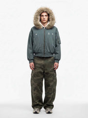 Faux Fur Lined Zip Up Hooded Bomber Jacket 