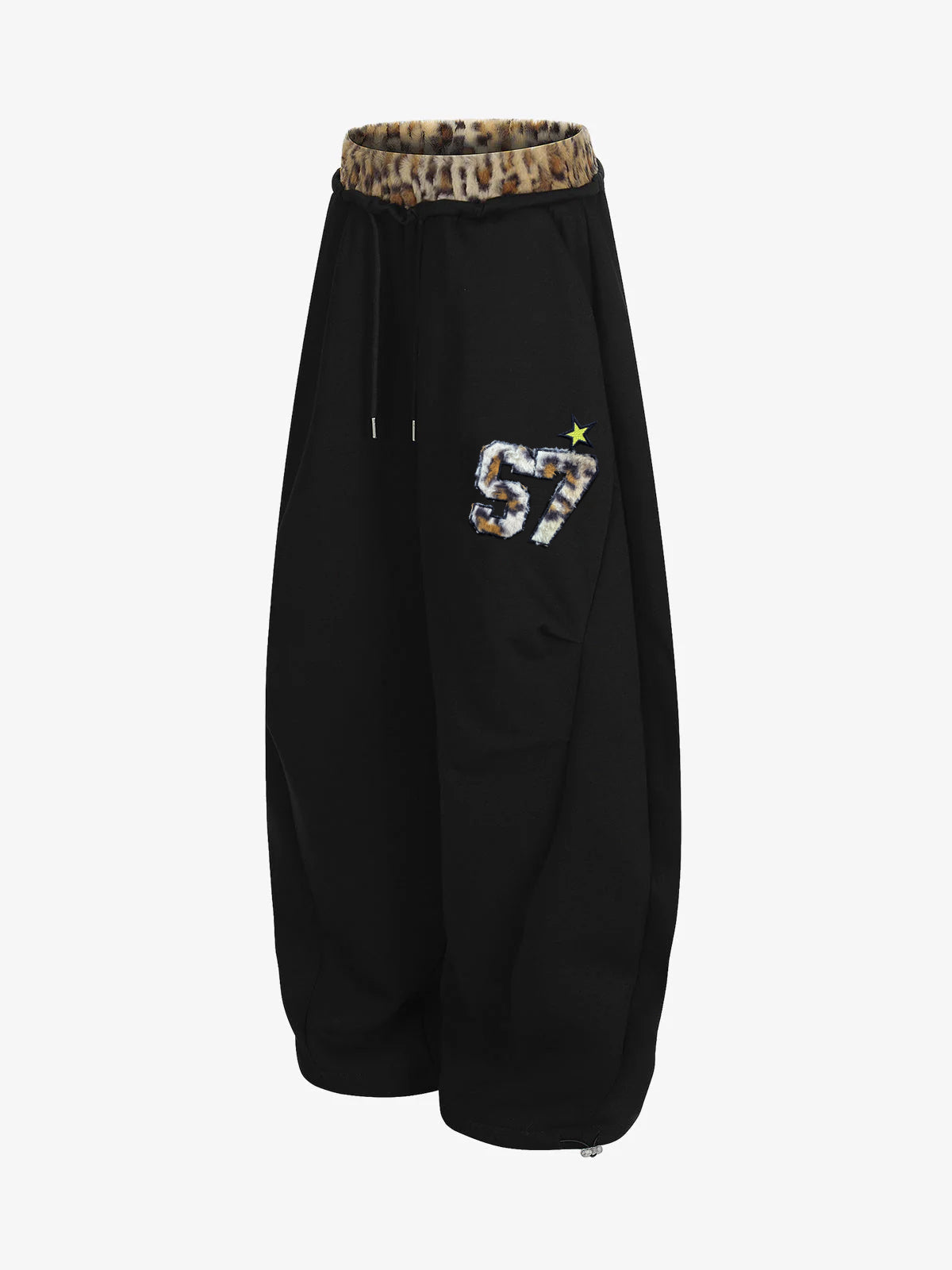 Retro Double-Waist Leopard Patch Barrel Pants 