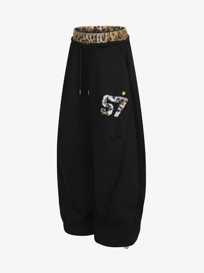Retro Double-Waist Leopard Patch Barrel Pants 
