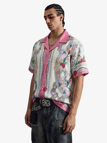 Baroque Floral Satin Camp Collar Boxy Shirt 