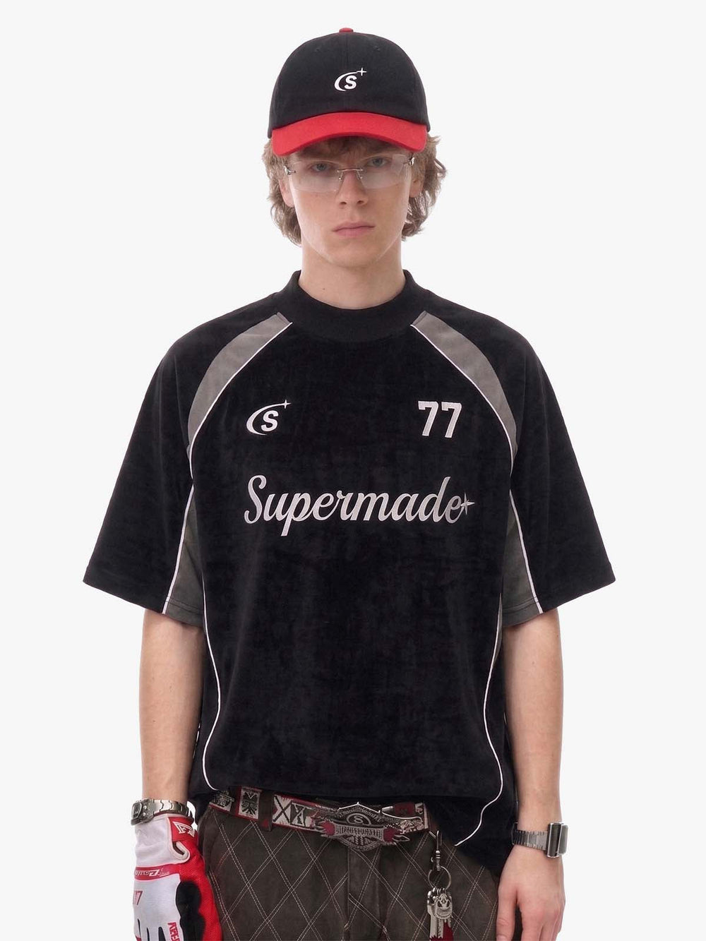 Suede Logo Embroidered Patchwork Short Sleeve T-Shirt - 2634 