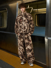 All-Over Print Embroidered Fleece Zip-Up Jacket & Pants Set
