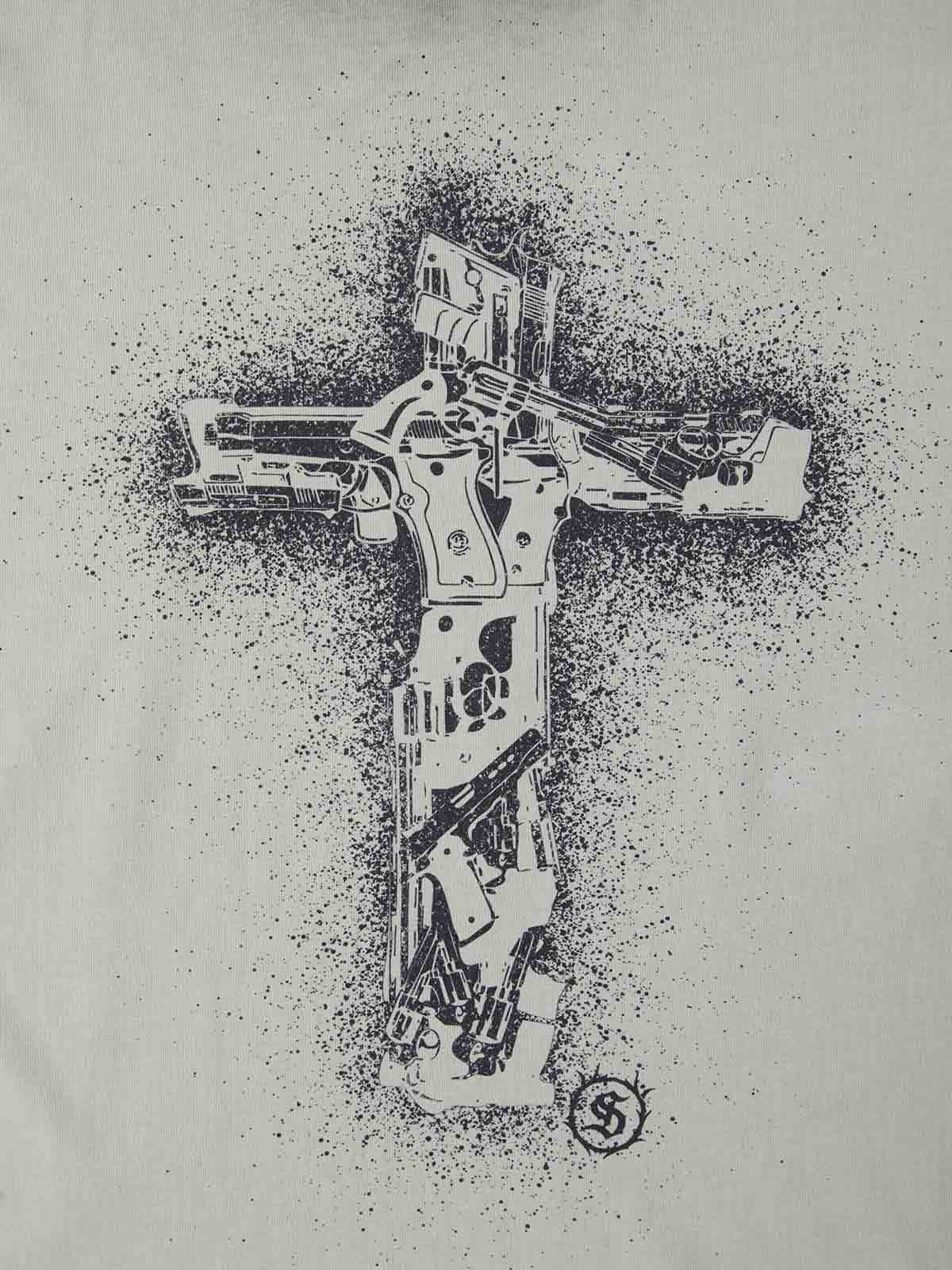 Supermade Distressed Rebellious Gun and Cross Print T-Shirt 