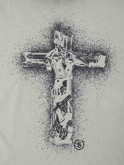 Supermade Distressed Rebellious Gun and Cross Print T-Shirt 