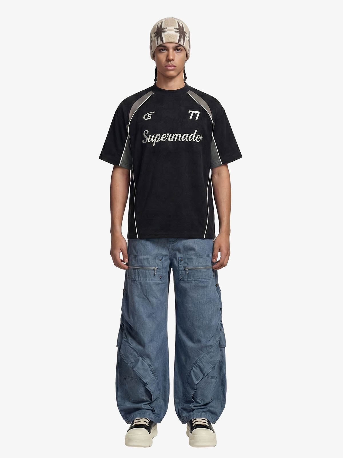 Suede Logo Embroidered Patchwork Short Sleeve T-Shirt 