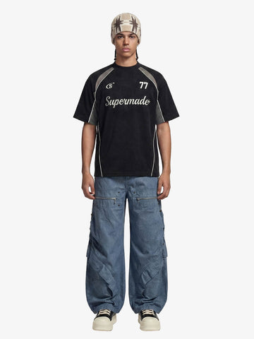 Suede Logo Embroidered Patchwork Short Sleeve T-Shirt 