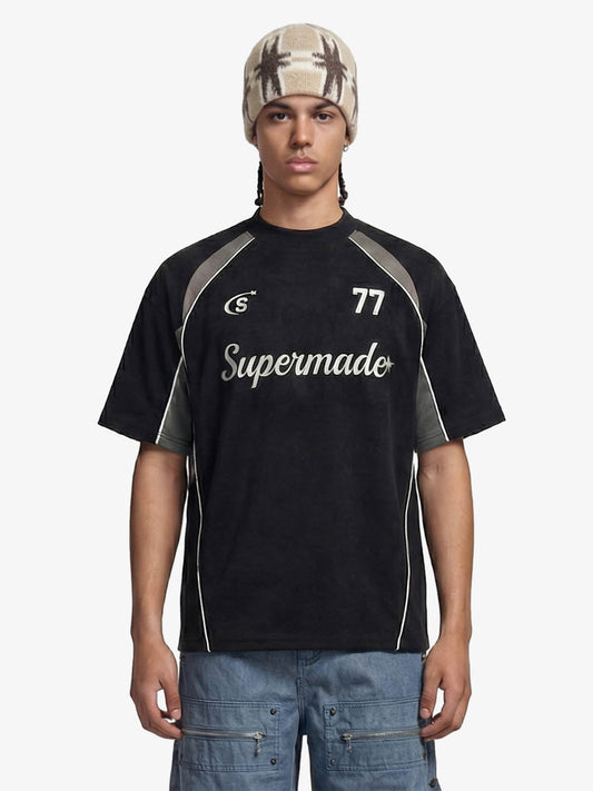 Suede Logo Embroidered Patchwork Short Sleeve T-Shirt 