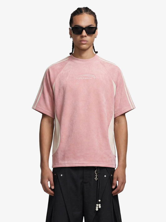 Suede Panel SUPERMADE Embroidered Short Sleeve T-Shirt - 2616 