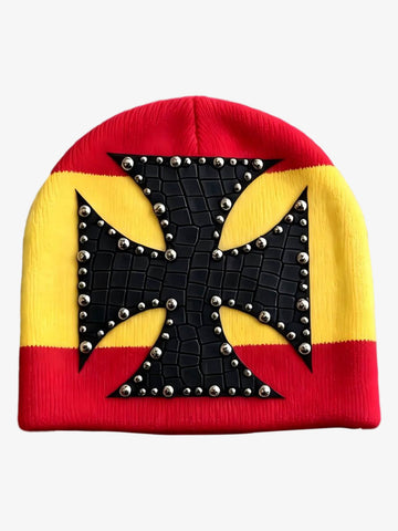 Color Block Studded Cross Gothic Dome Knit Hat