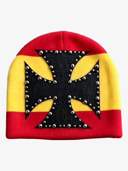 Color Block Studded Cross Gothic Dome Knit Hat