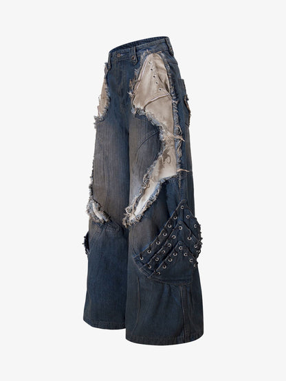 Retro Distressed Studded Heavy-Duty Functional Jeans 