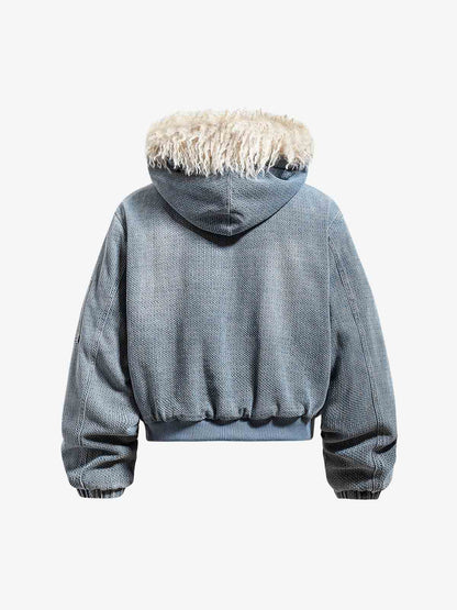 Washed Embroidered Fur-Lined Denim Bomber Jacket