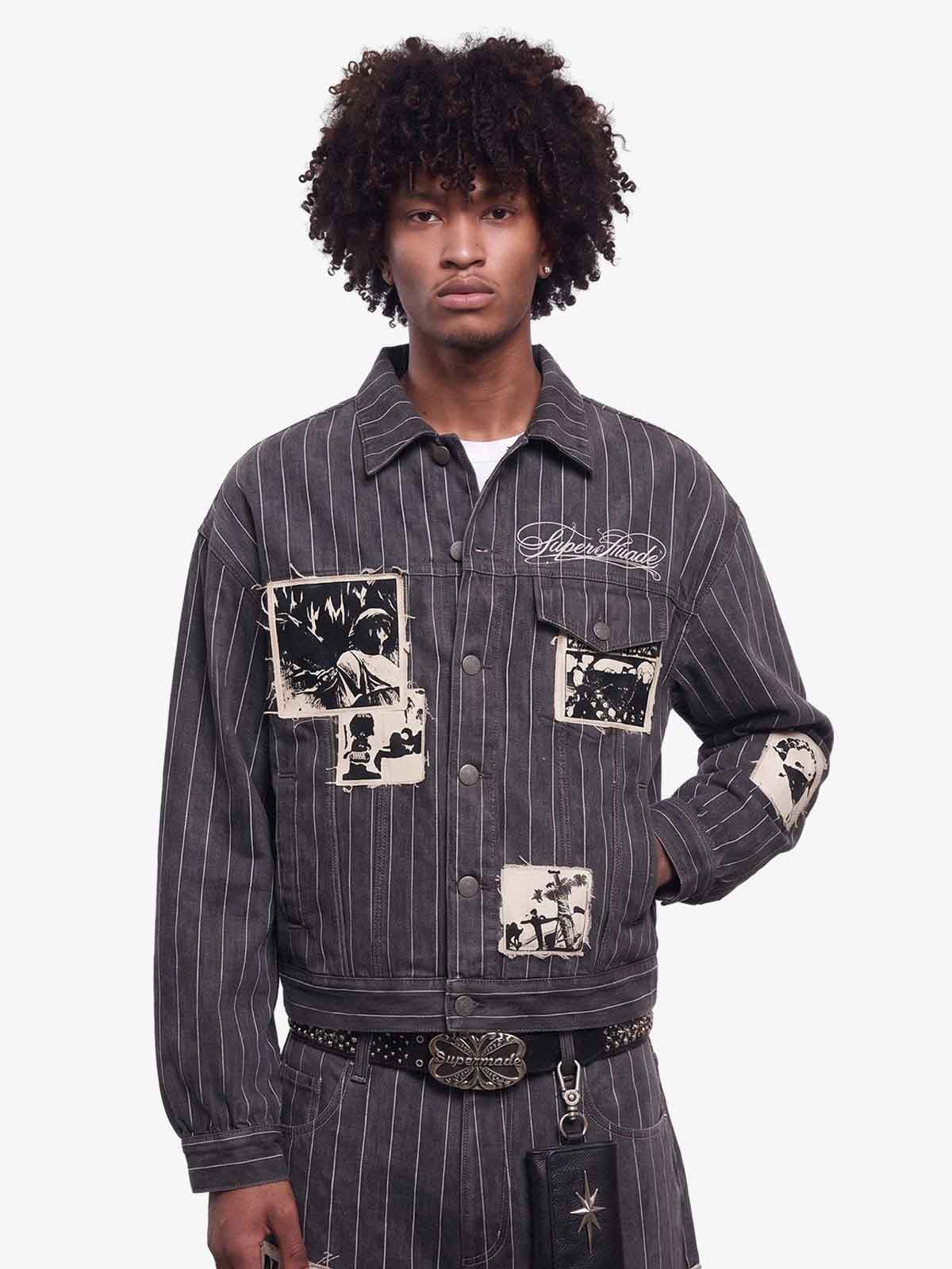 Vintage Pinstripe Patchwork Baggy Denim Set 