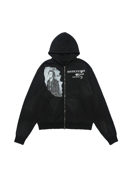 Washed Distressed Retro Portrait Print Double Zipper Hoodie 