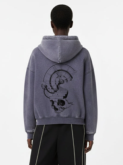 Thesupermade Washed Batik Distressed Double Zipper Cardigan Hooded Sweatshirt Hand-painted Skull Clock 