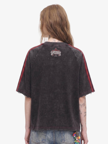 Washed Moto Graphic Distressed Raglan T-Shirt 