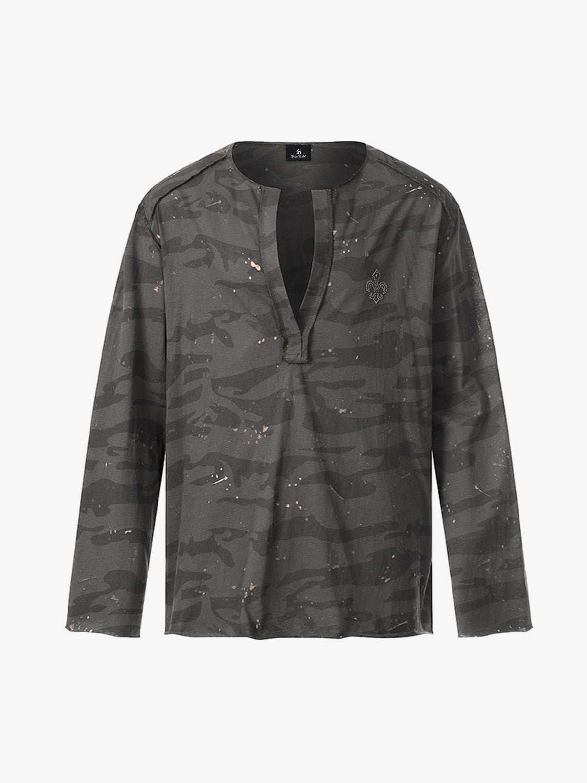 Cotton Blend Camouflage Long Sleeve Shirt with V-Neck and Embroidered Logo for Men and Women 