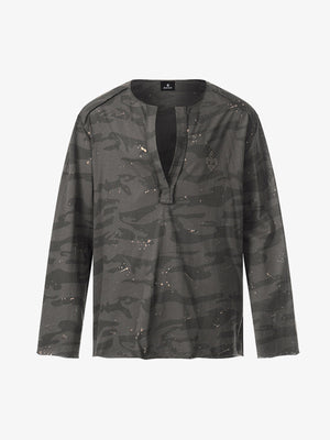 Cotton Blend Camouflage Long Sleeve Shirt with V-Neck and Embroidered Logo for Men and Women 