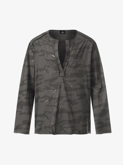 Cotton Blend Camouflage Long Sleeve Shirt with V-Neck and Embroidered Logo for Men and Women 