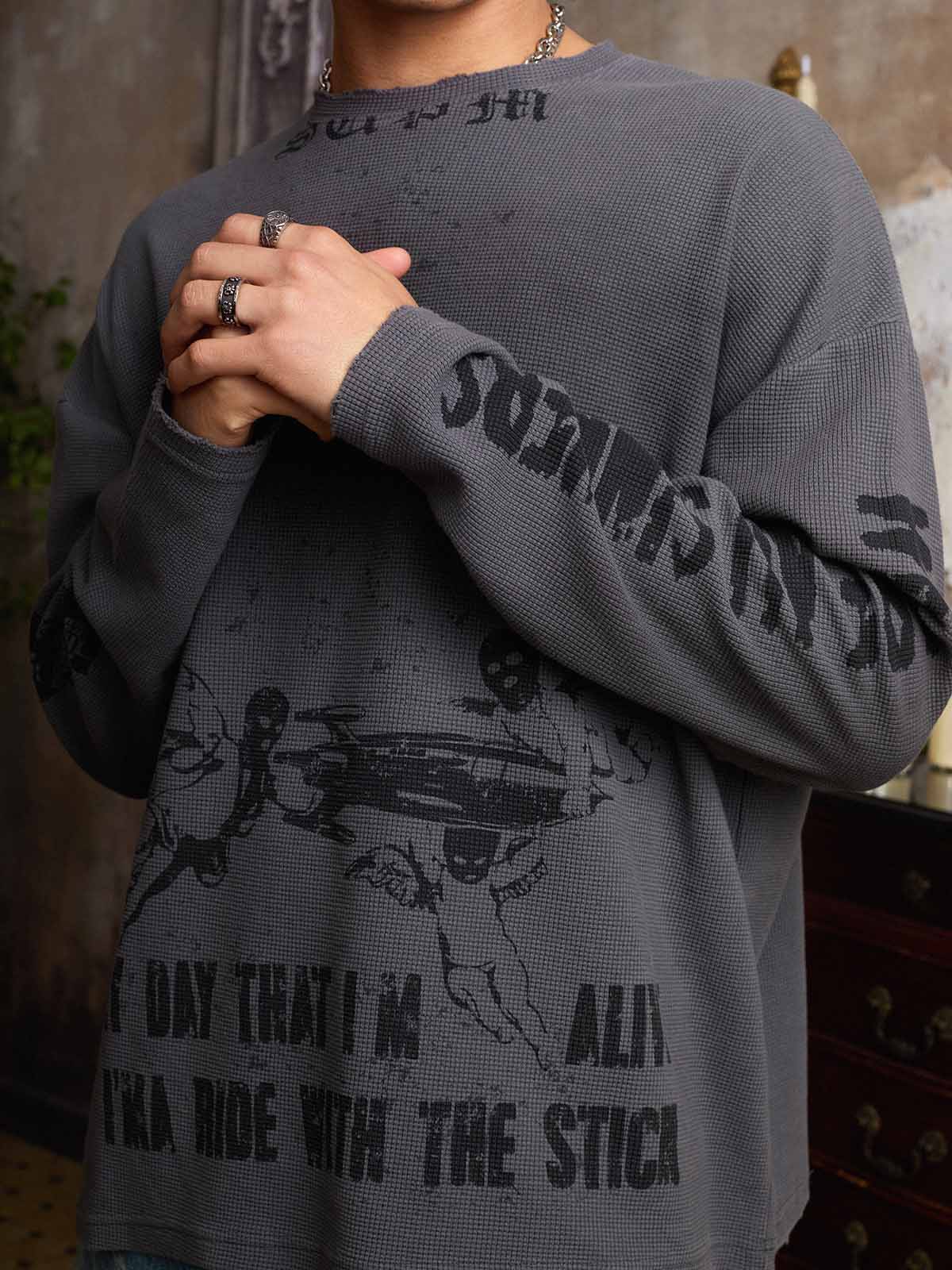 Supermade Waffle-Knit Distressed Gradient Print Long T-Shirt 