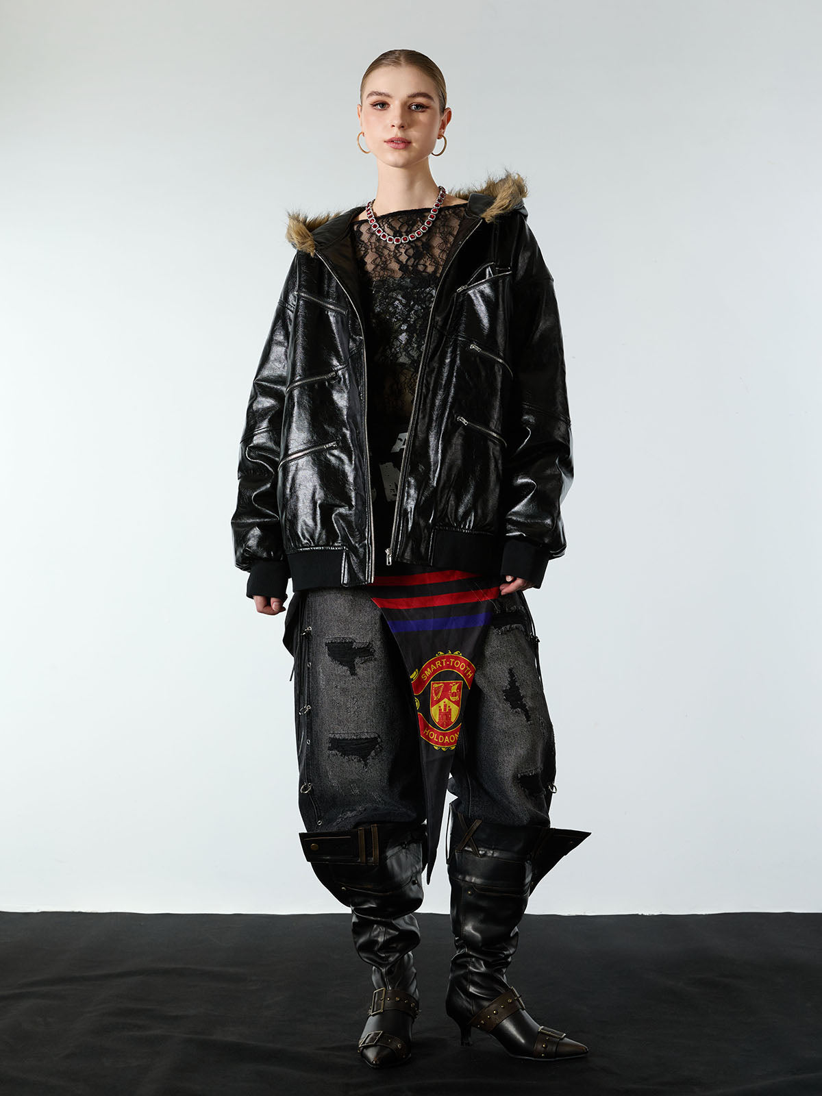 Multi-Zip Fur Hooded Leather Jacket 