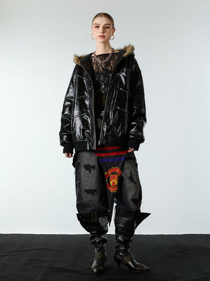 Multi-Zip Fur Hooded Leather Jacket 