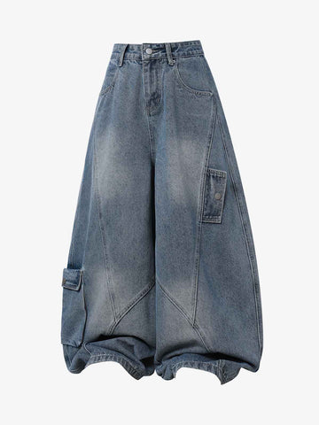 3D Curved Panel Stacked Wide-Leg Denim Jeans 