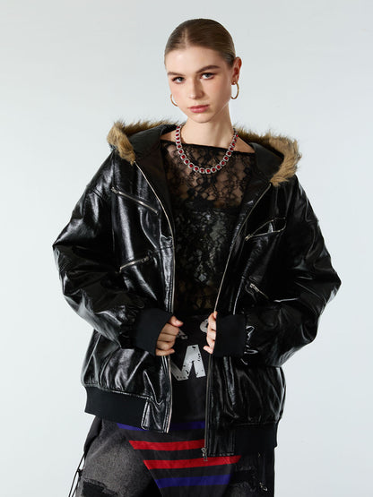 Multi-Zip Fur Hooded Leather Jacket 