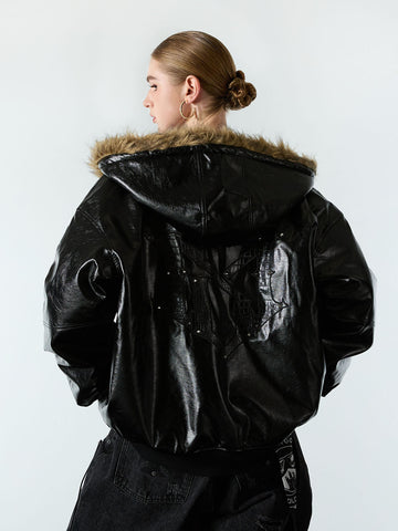 Multi-Zip Fur Hooded Leather Jacket 