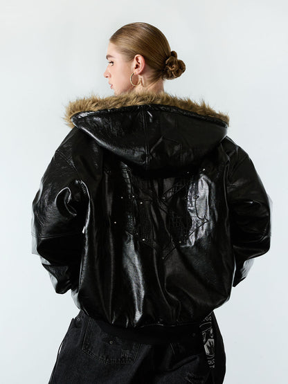 Multi-Zip Fur Hooded Leather Jacket 