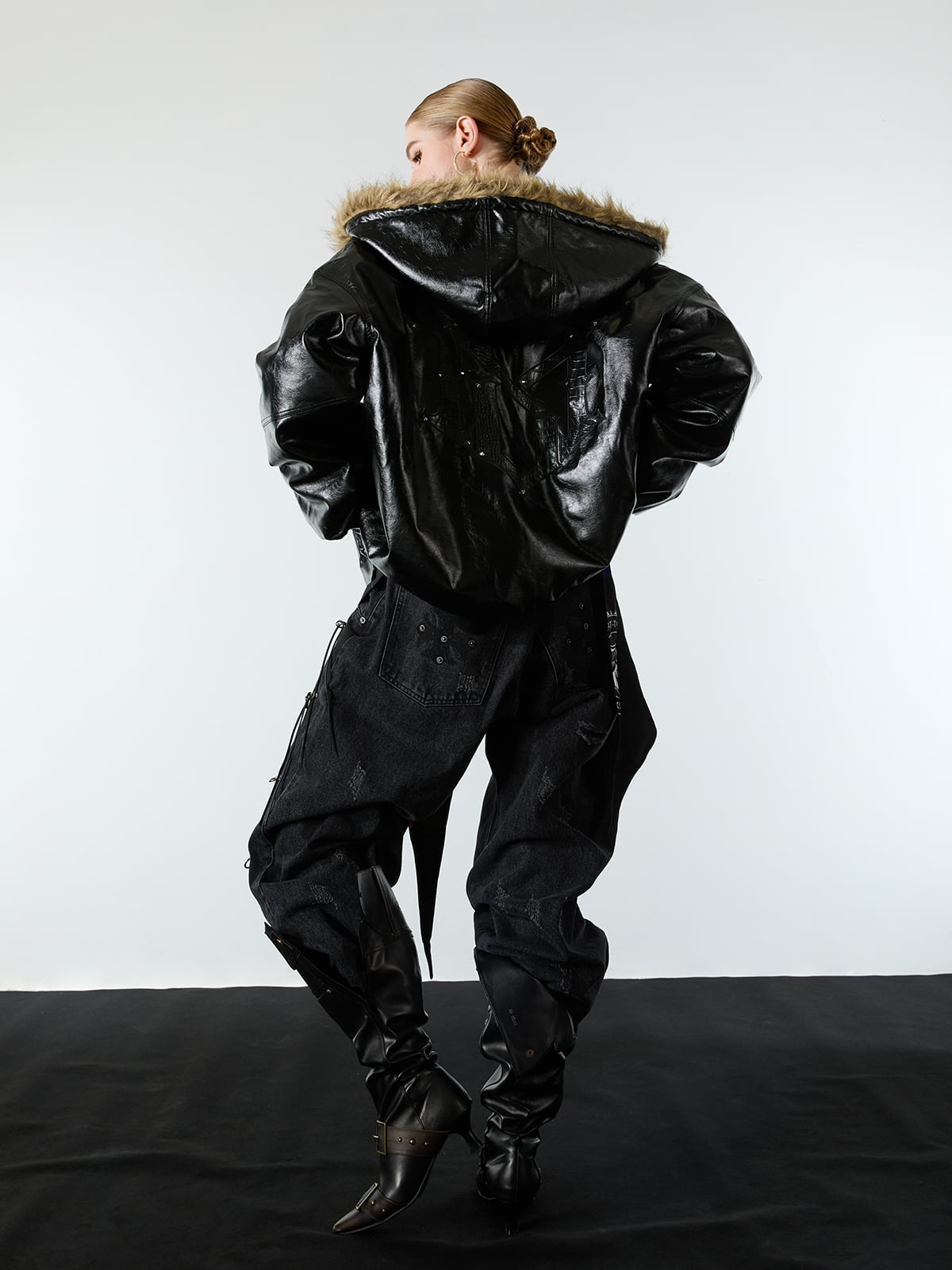 Multi-Zip Fur Hooded Leather Jacket 