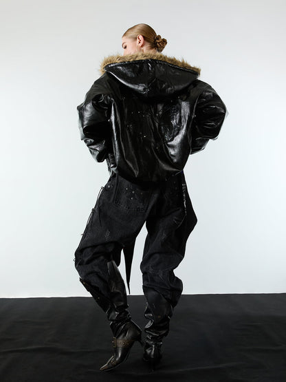 Multi-Zip Fur Hooded Leather Jacket 