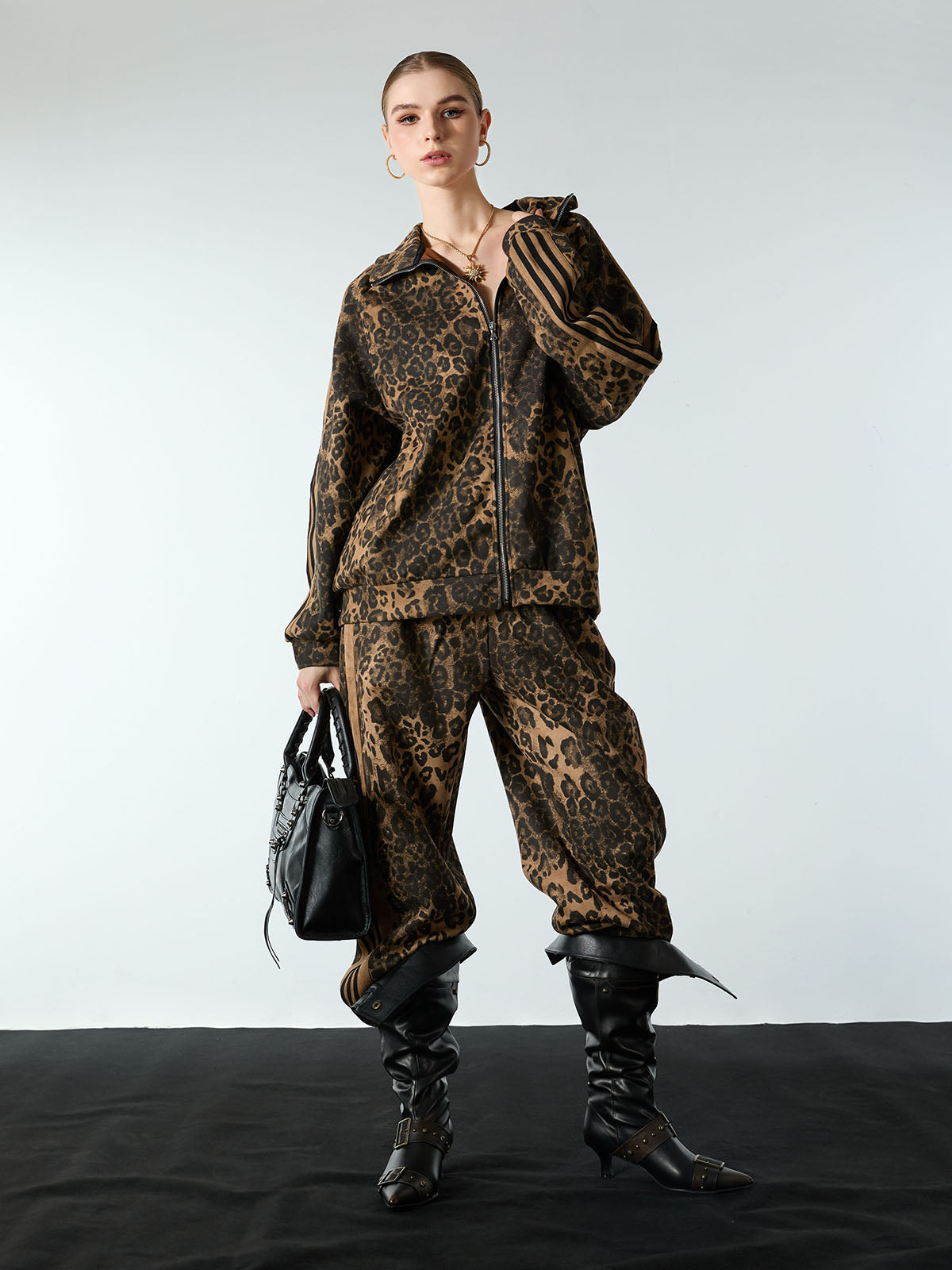 French Terry Cheetah Print Suede Tracksuit - 2277 