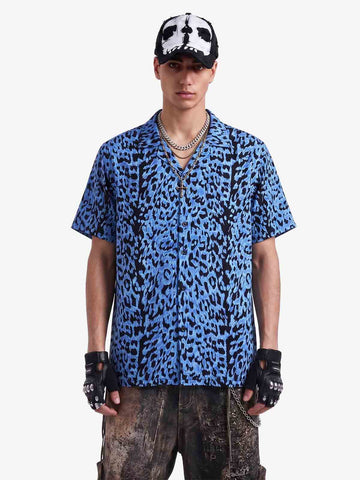Cyber Punk Leopard Print Camp Collar Boxy Shirt 