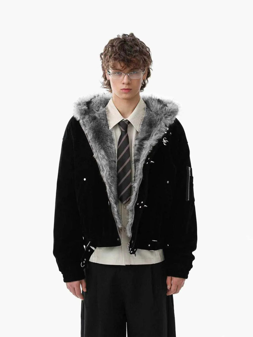Streetwear Metal Clip Faux Fur Hooded Suede Bomber Jacket - 2597