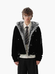 Streetwear Metal Clip Faux Fur Hooded Suede Bomber Jacket - 2597
