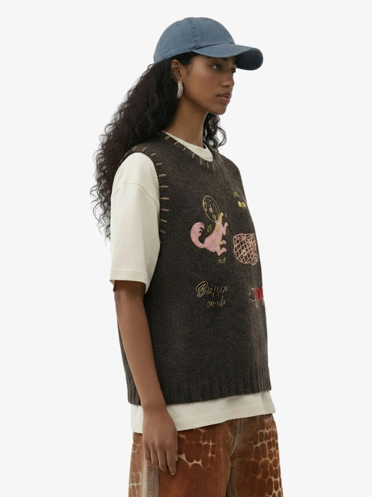 Vintage Embroidered Graphic Knit Sweater Vest 