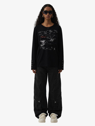 Supermade Industrial Text Print Long Sleeve Henley T-Shirt 
