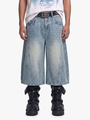Curved Silhouette 3D Paneled Denim Shorts