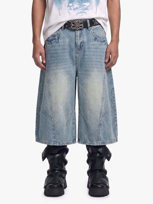 Curved Silhouette 3D Paneled Denim Shorts