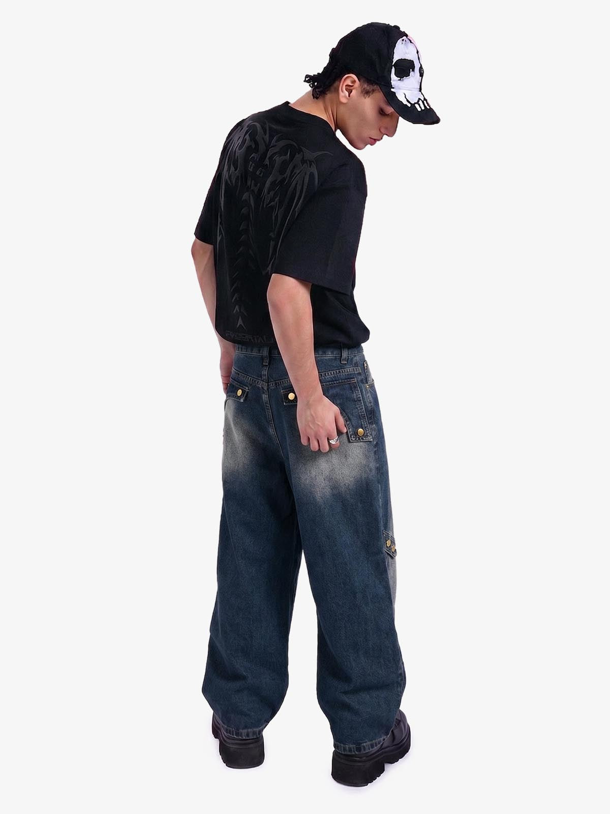 Vintage Embroidered Washed Raw-Edge Graffiti Scimitar Jeans 
